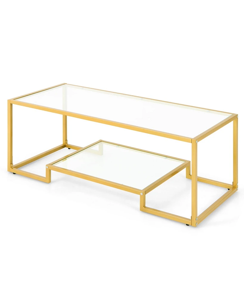 Gouun Modern 2-Tier Rectangular Table with Glass Table Top