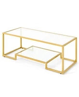 Gouun Modern 2-Tier Rectangular Table with Glass Table Top