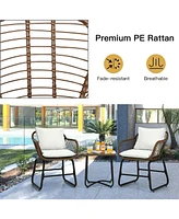 Gouun 3 Pieces Patio Rattan Bistro Set Cushioned Chair Glass Table Deck