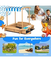 Gouun Kids Wooden Sandbox with Striped Canopy
