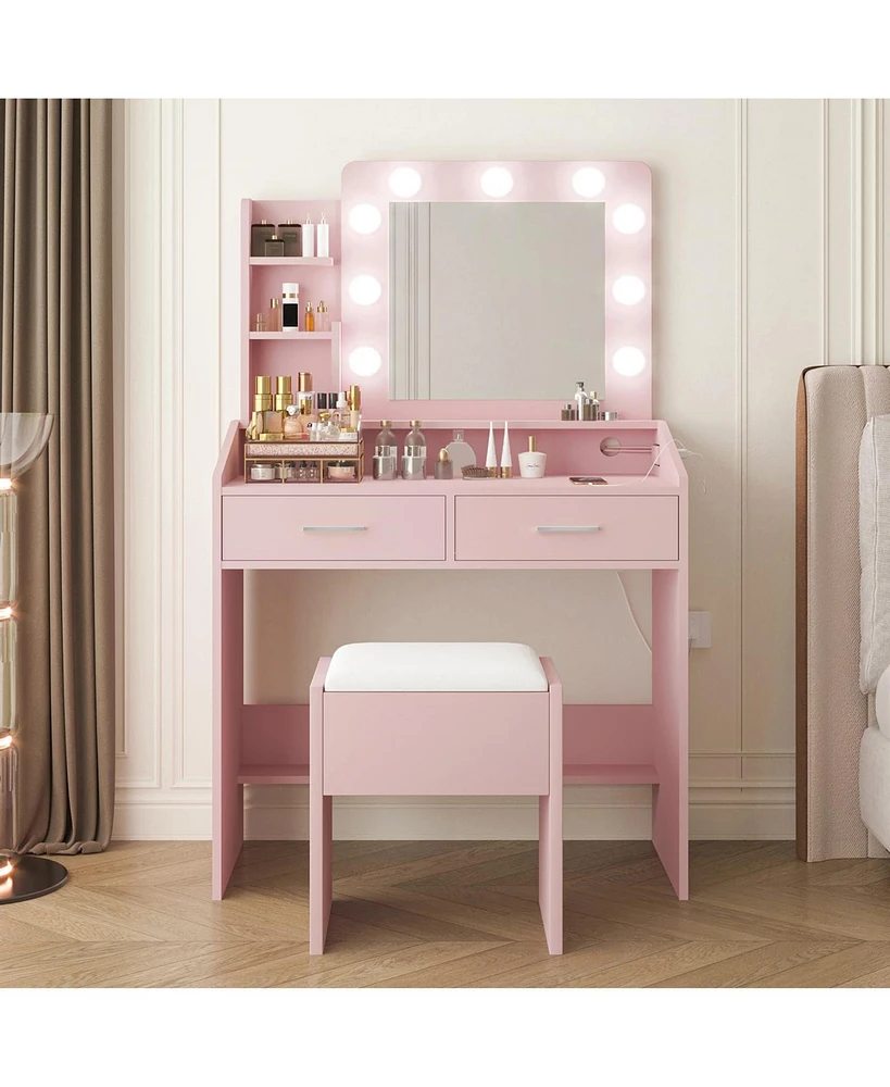 gaomon Vanity Desk with Mirror and Lights, Makeup Vanity with Power Outlet & Cushioned Stool