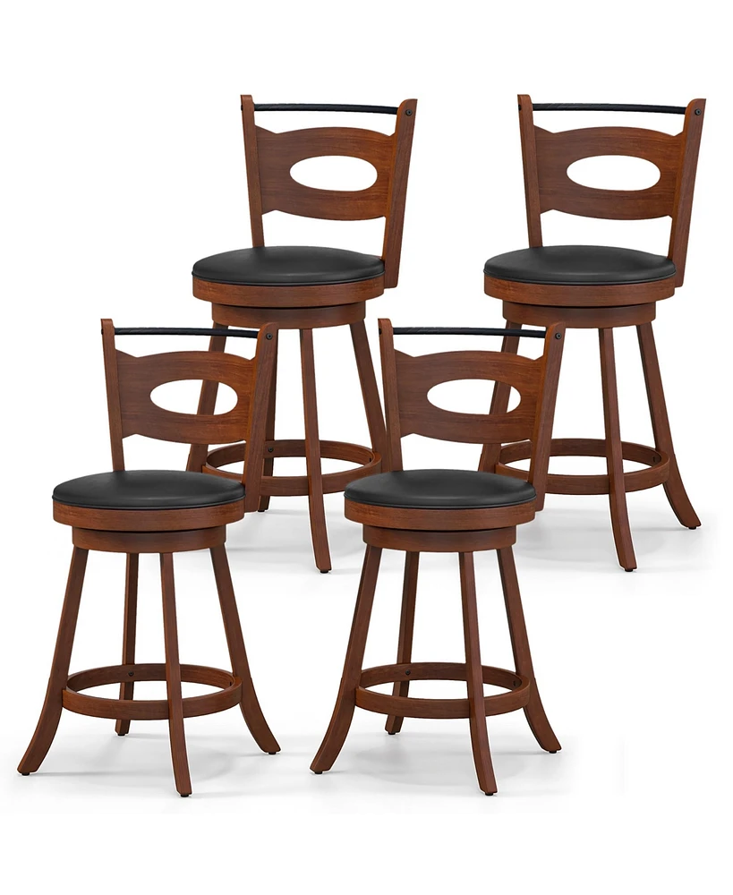 Gymax Set of 4 360° Swivel Bar Stools Dining Chairs Rubber Wood Leather Padded Seat Brown & Black