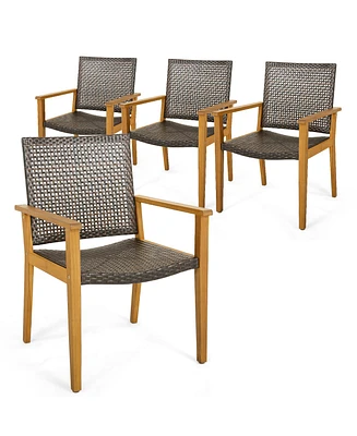 Gymax Outdoor Rattan Chair Set of 4 Patio Pe Wicker Dining Chairs w/ Sturdy Acacia Wood Frame