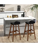 Gymax Set of 4 Upholstered Pu Leather Barstools 27.5'' Wooden Dining Chairs Black & Brown