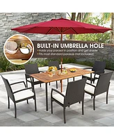 Gouun Patio Acacia Wood Dining Table with Umbrella Hole and Metal Legs