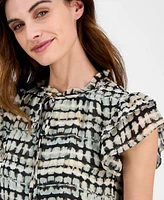 Anne Klein Women's Abstract-Print Split-Neck Flutter-Sleeve Top