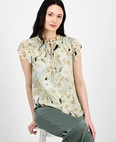 Anne Klein Women's Floral-Print Split-Neck Flutter-Sleeve Top