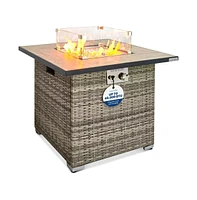 SereneLife 40,000 Btu Wicker Propane Gas Fire Pit Table with Tempered Glass Wind Guard