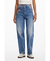 Desigual Women's Long denim pants with flowers