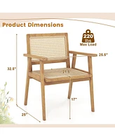 Gymax 2PCS Wood Chair Teak Wood Armchair w/ Rattan Seat & Curved Backrest Dining Chair Patio