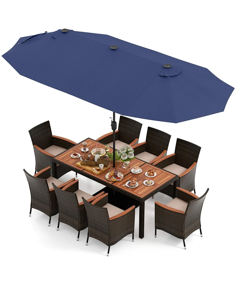 Gouun 11 Pieces Patio Dining Set with 15 Feet Double-Sided Patio Umbrella and Base