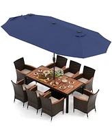 Gouun 11 Pieces Patio Dining Set with 15 Feet Double-Sided Patio Umbrella and Base