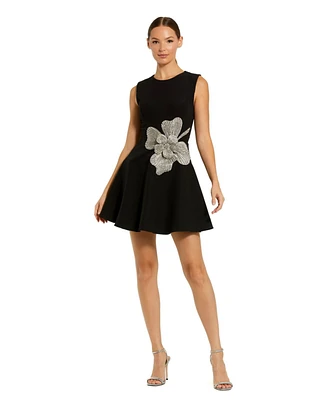 Mac Duggal Women's Crepe Sleeveless Mini Dress With Rhinestone Flower