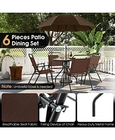 Gouun 6 Pieces Patio Dining Set Folding Chairs Glass Table Tilt Umbrella for Garden