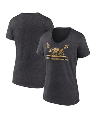 Fanatics Women's Charcoal Heather Los Angeles Dodgers 2024 World Series Champions Exclusive Cali Bear V-Neck T-Shirt