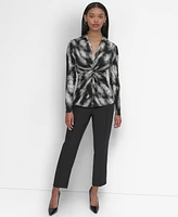 Dkny Petite Twist-Front Collared Abstract-Print Top