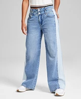 And Now This Petite Two-Tone Wide-Leg Double-Waist Jeans, Exclusively at Macy's