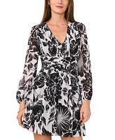 1.state Women's Floral Chiffon V-Neck Long-Sleeve Dress