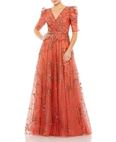 Mac Duggal Women's Embellished Gathered Puff Sleeve Faux Wrap Gown