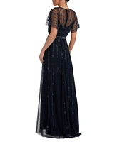 Mac Duggal Women's V Neck Embellished Flutter Sleeve A Line Gown