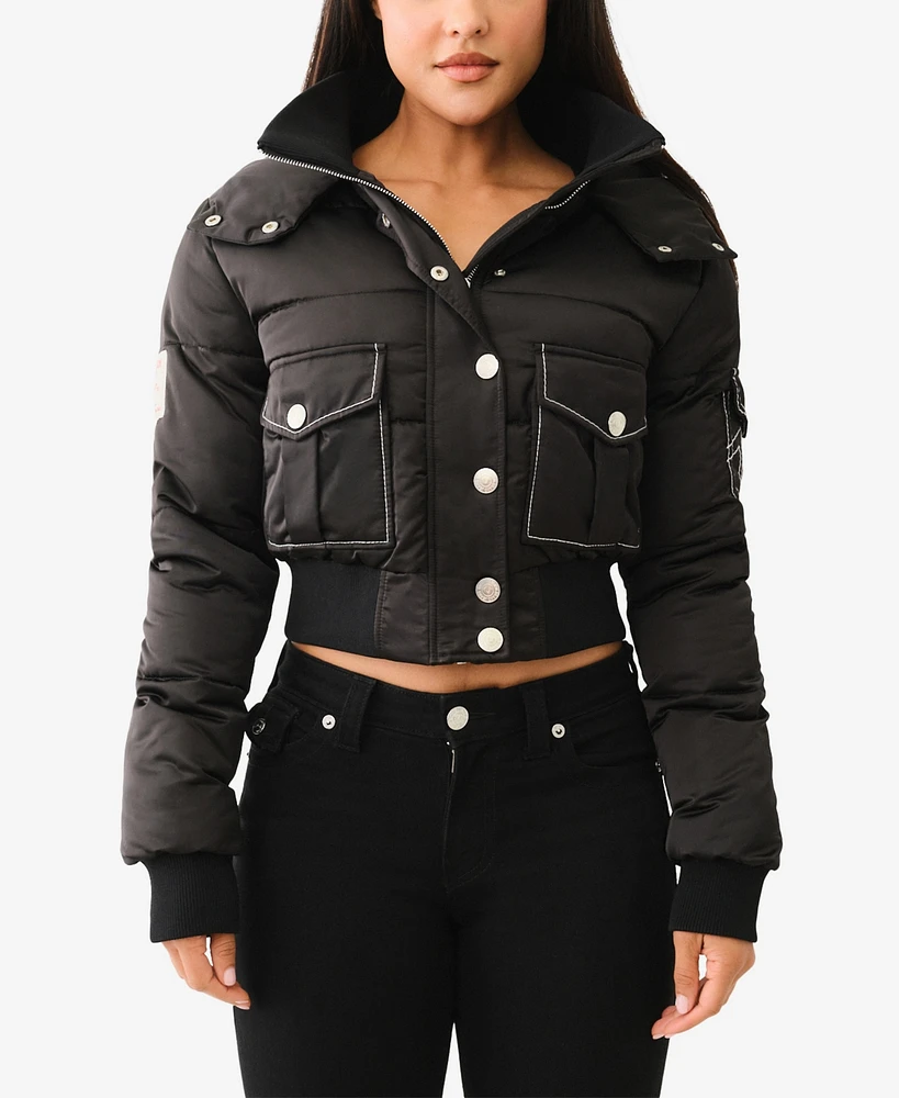 True Religion Women's Shrunken Puffer Hooded Jacket
