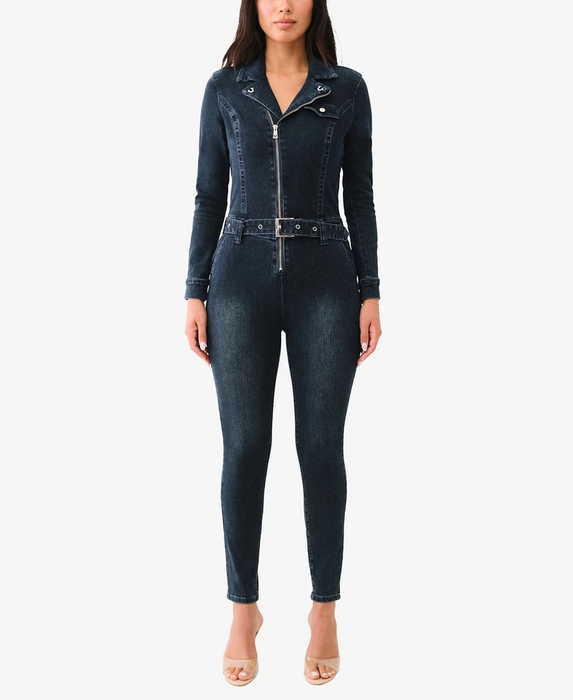 True Religion Women's Skinny Long Sleeve Moto Jumpsuit