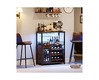 gaomon 3-Tier Wine Bar Cabinet with Led Lights, Detachable Wine Rack and Storage Space, Buffet Cabinet with Glass Holder and Mesh Door, for Kitchen