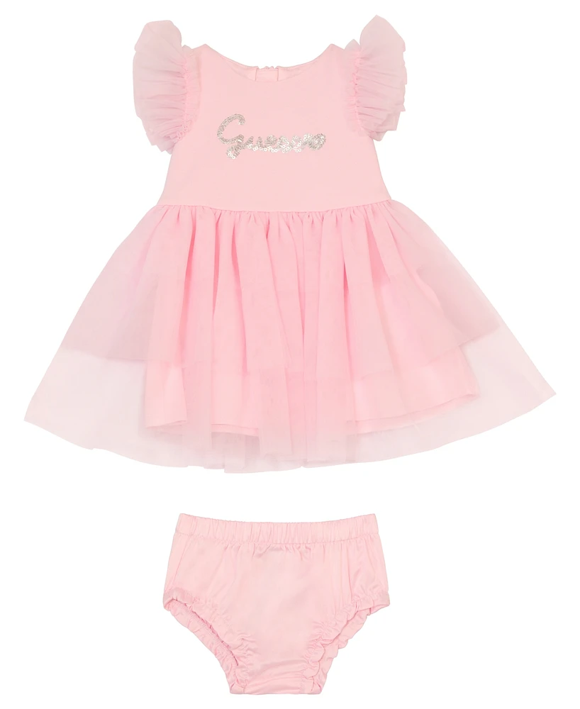 Guess Baby Girl Short Sleeve Dress with Mesh Frill Sleeves and Diaper Cover, 2-Piece Set