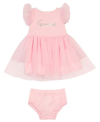 Guess Baby Girl Short Sleeve Dress with Mesh Frill Sleeves and Diaper Cover, 2-Piece Set