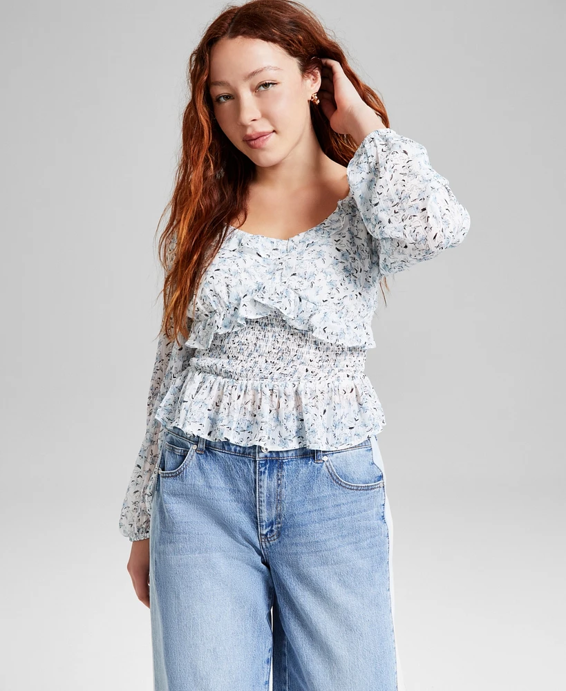 And Now This Women's Printed Ruffle-Trim Smocked Top, Exclusively at Macy's