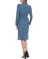 London Times Women's Faux-Wrap Collared Long-Sleeve Dress