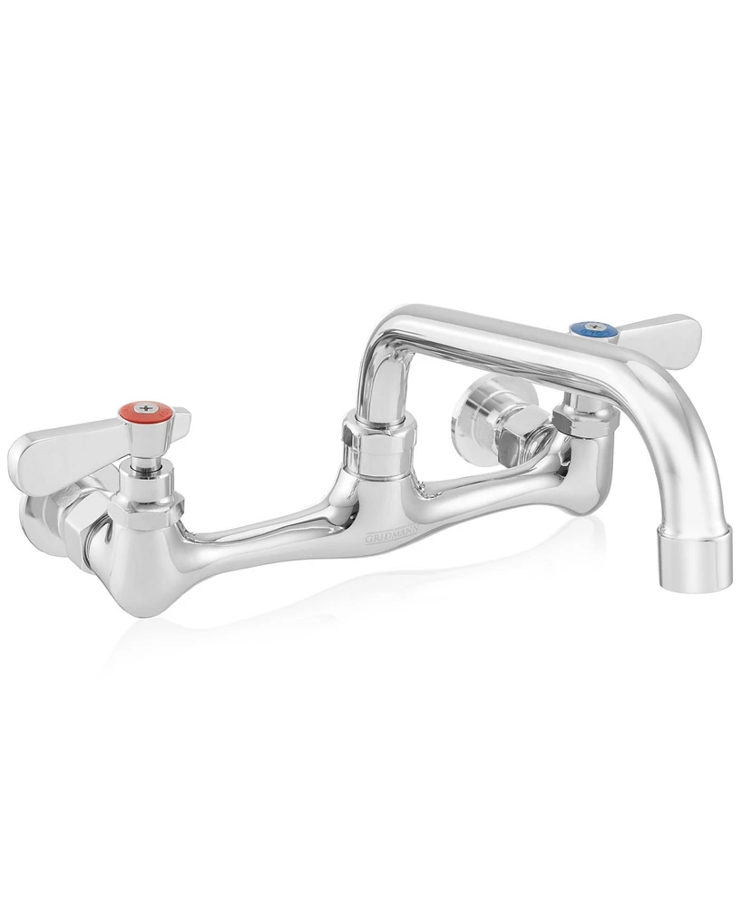 Gridmann Commercial Wall Mount Sink Faucet, 8" Center with 8" Swivel Spout, Nsf, Dual Lever Handles, Brass Construction, Chrome Polished Finish