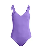 Lands' End Women's Chorine Resistant Tie Shoulder V-neck High Leg One Piece Swimsuit