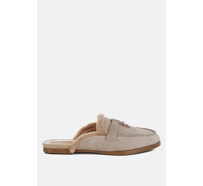 Rag & Co Bosnia Suede Faux Fur Slip On Mules