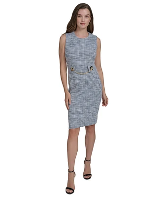 Halston Women's Round-Neck Sleeveless Stretch Tweed Sheath Dress