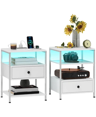 Homcom Set of 2 End Tables w/ Power Outlets & Lights for Living Room,