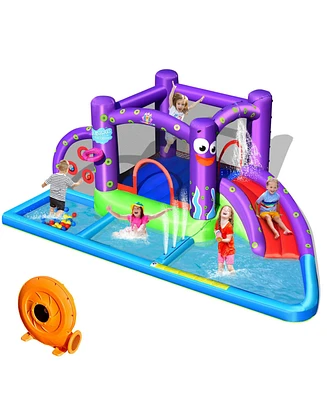 Gymax Inflatable Water Slide Castle Kids Bounce House w/ Octopus Style & 750W Blower