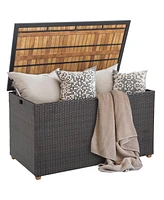 Gouun 134 Gallon Rattan Storage Box with Zippered Liner and Solid Acacia Wood Top