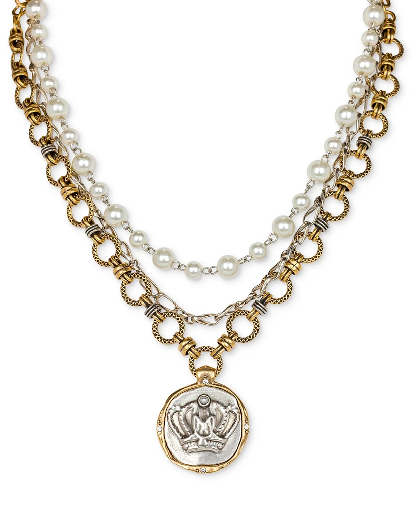 Patricia Nash Two-Tone Pave & Imitation Pearl Crown Coin Convertible Layered Pendant Necklace, 18" + 1" extender