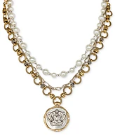 Patricia Nash Two-Tone Pave & Imitation Pearl Crown Coin Convertible Layered Pendant Necklace, 18" + 1" extender