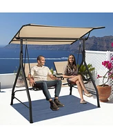 Gouun 2-Seat Outdoor Cushioned Porch Swing with Adjustable Canopy and Tempered Glass Table