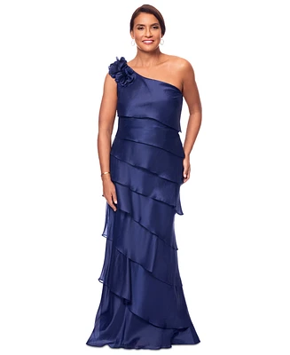 Xscape Petite One-Shoulder Tiered Satin Gown