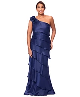 Xscape Petite One-Shoulder Tiered Satin Gown