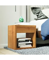 Woodek Solid Oak Wooden Floating Nightstand With A Drawer And A Shelf - Set Of 2