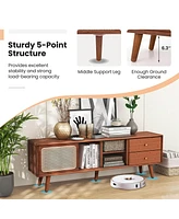 Costway Bamboo Tv Stand Console Table with Pe Rattan Door & 2 Drawers for up to 65"