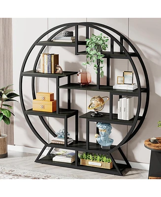 Tribesigns Bookshelf, Round Bookshelves Etagere Bookcase, 63" Industrial Wood Book Shelf with Staggered Shelves, Rustic Open Shelving Organizer Rack D