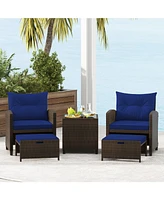 Gouun 5 Pieces Patio Rattan Furniture with 2 Ottomans and Tempered Glass Table