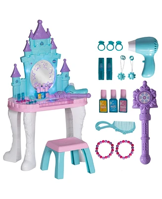 Qaba Kids Vanity Set with Mirror and Stool, Light, Music, Castle Design