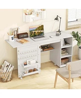 Costway Folding Sewing Table with Storage Shelves 2 Storage Bins & 18 Pegs Lockable Casters