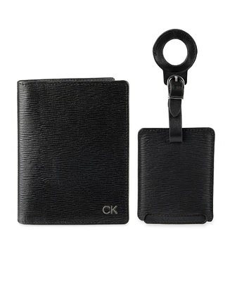 Calvin Klein Men's Leather Passport Wallet with Airtag Holder Luggage Tag, 2-Piece Set